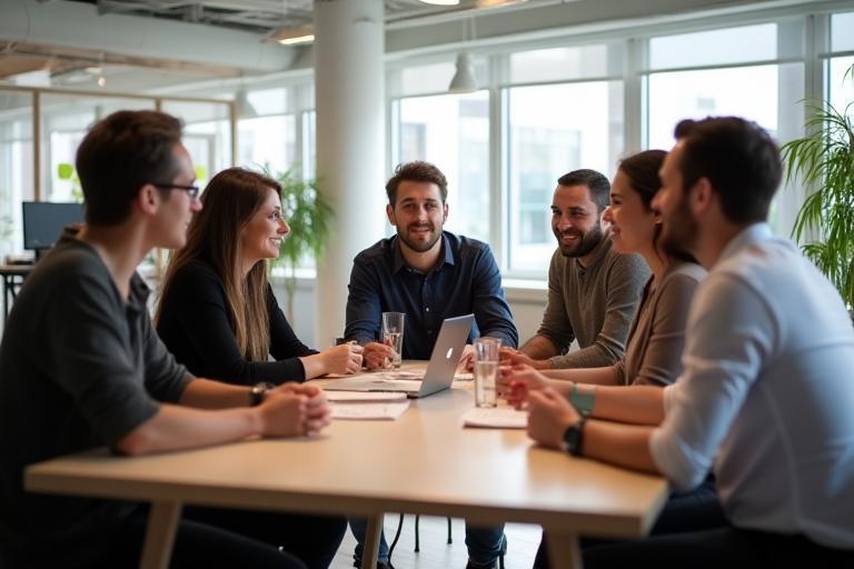 OranjeCase team collaborating in an Amsterdam workspace